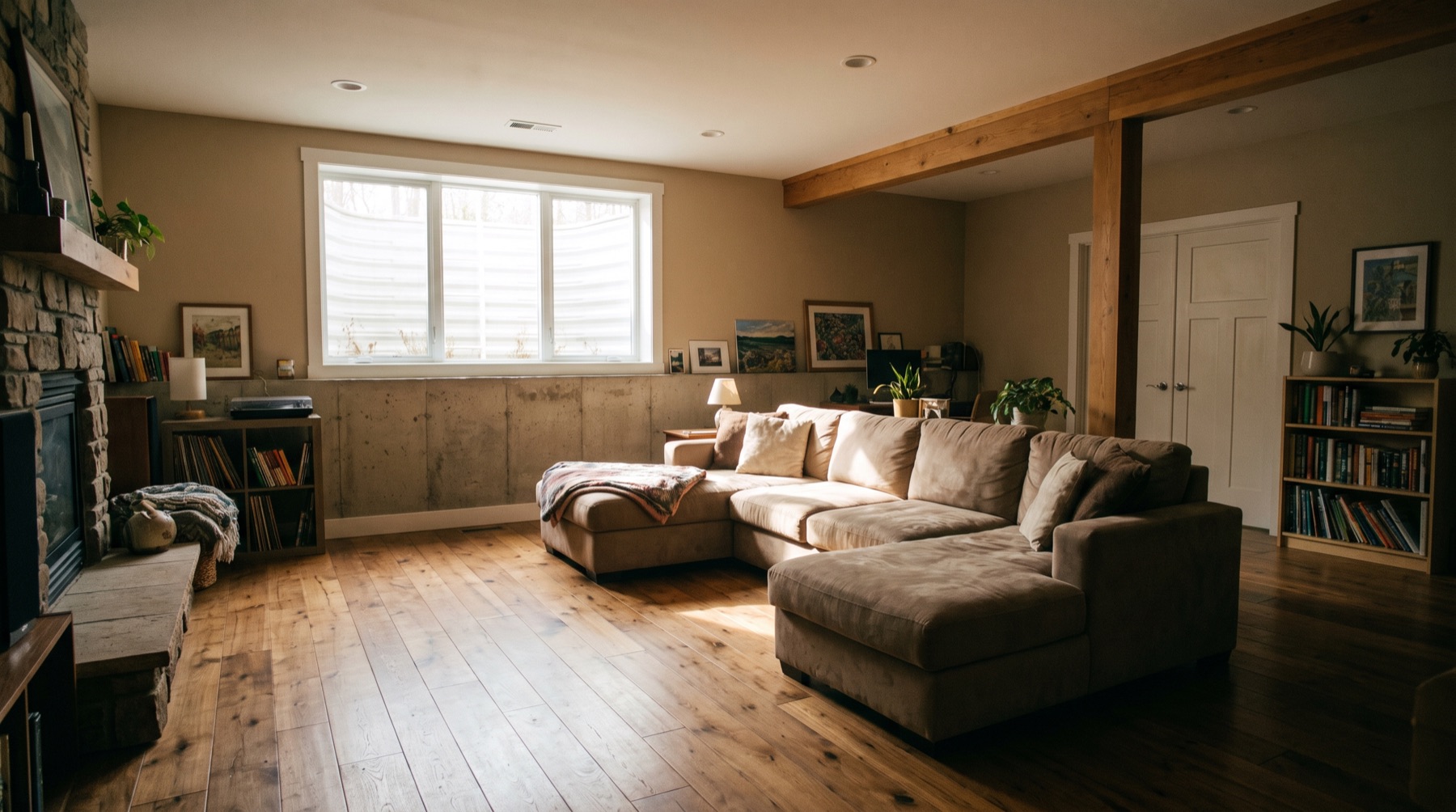 A finished basement living space lit by daylight from a window set high in the wall