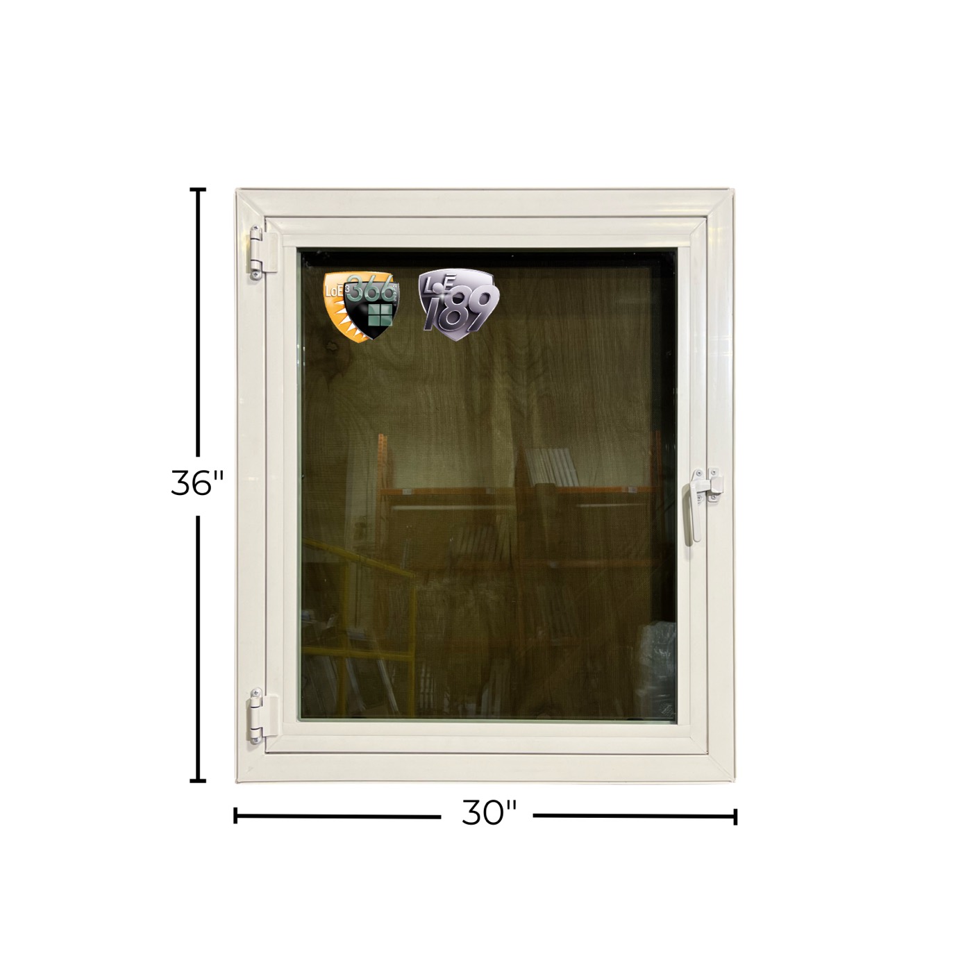 A below grade side-hinged egress window, shown open in a 30 by 36 inch size