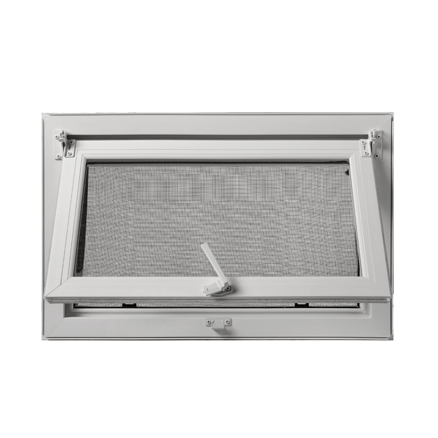 A reverse hopper basement window tilted open, with its insect screen in place