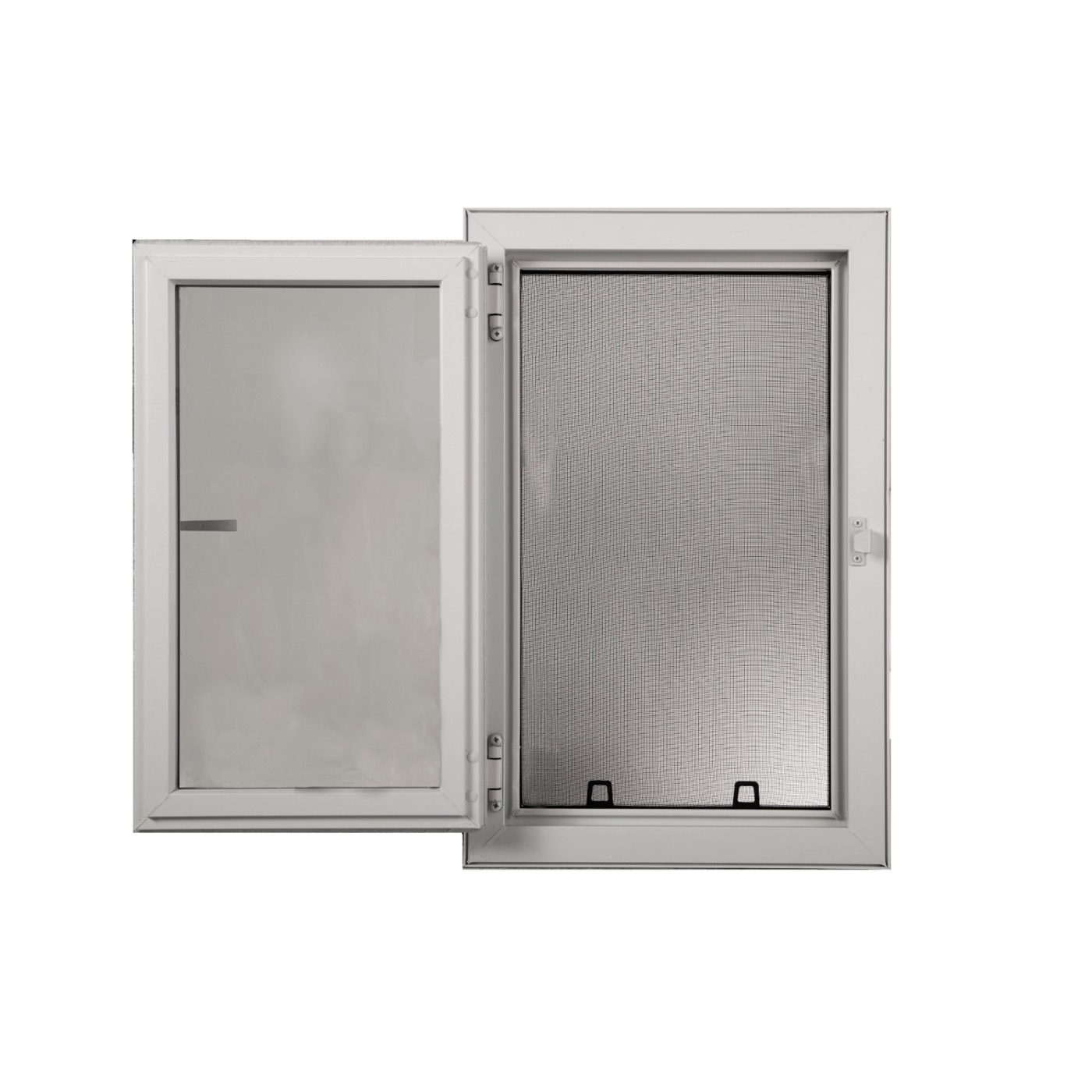 A side-hinged egress window standing open, showing its insect screen